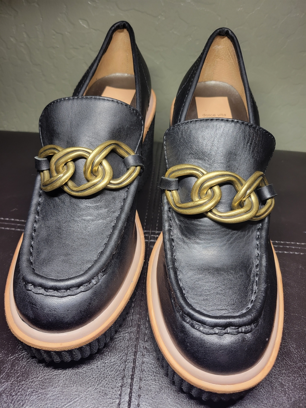Dolce Vita Black Platform Loafers with Gold Chain WM Size 9